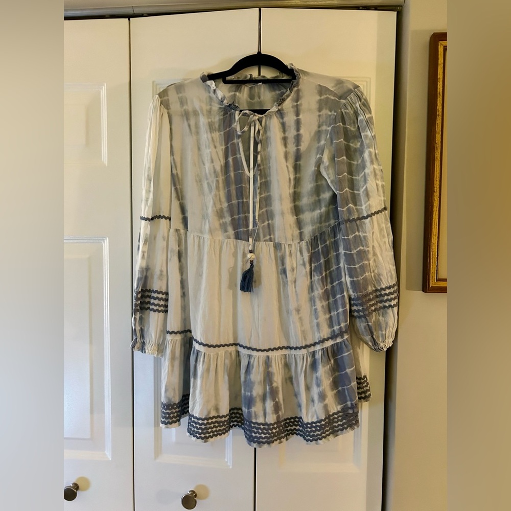 Blue Island Women’s Whimsical/Boho/Hippie Long Sleeve Blue and White Dress Sz S